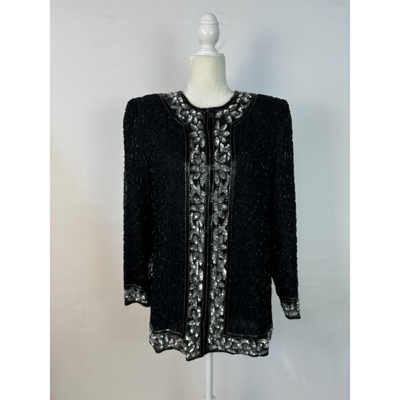 Night Vogue Women Sz M 100%Silk Black Beaded Silver Sequins Long Evening Top - Picture 1 of 15